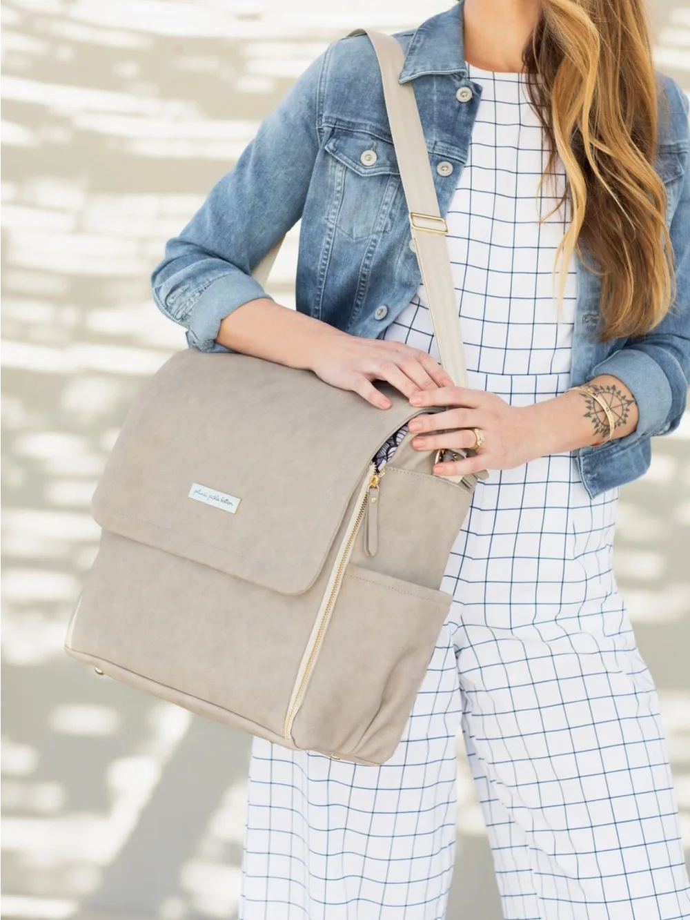 Petunia Pickle Bottom Boxy Backpack in grey matte leatherette. LIKE NEW!